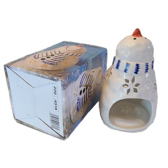 Christmas Holiday Snowman 2 Bowls 1 Tealight Holder Blue White Painted Ceramic - Picture 3 of 8